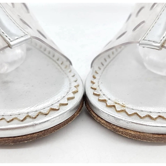 CHANEL Silver Leather And Clear Perforated PVC Slingback Heels - Picture 2 of 16